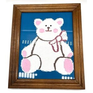 Vintage 80s Teddy Bear Wall Decor Framed Fabric Girls Room Children’s Room Art
